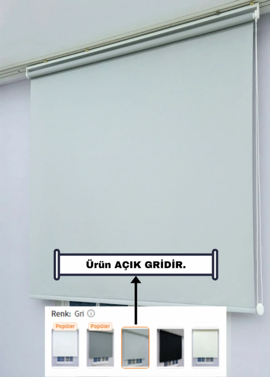 Düz Stor Perde - Açık Gri - Kalın Mat Kumaş (KETEN) - Alüminyum Kasa Ve Boru