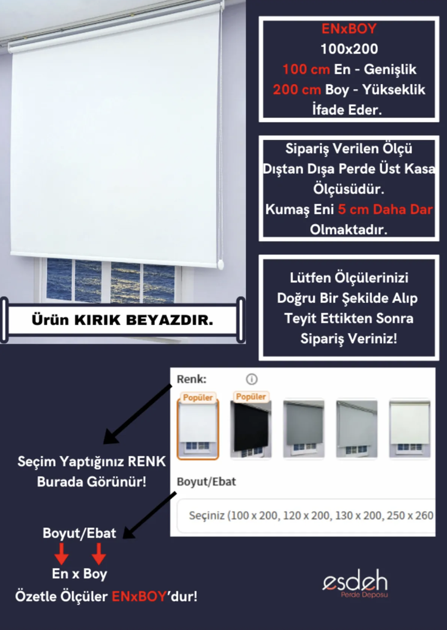 Düz Stor Perde - Kırık Beyaz - Kalın Mat Kumaş (KETEN) - Alüminyum Kasa Ve Boru