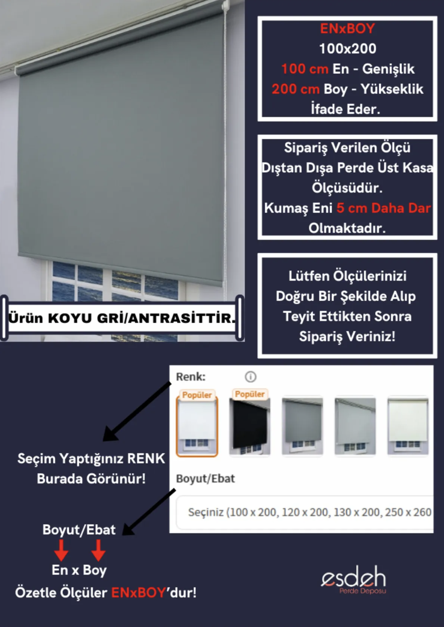 Düz Stor Perde - Antrasit/koyu Gri - Kalın Mat Kumaş (KETEN) - Alüminyum Kasa Ve Boru