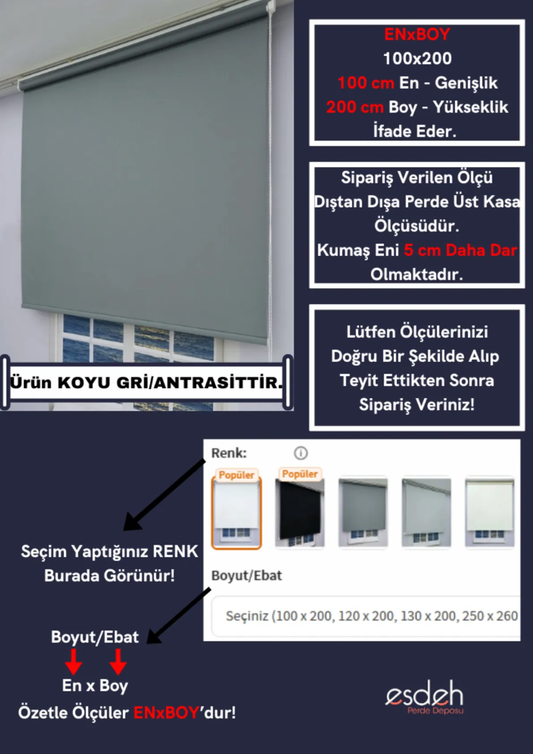 Düz Stor Perde - Antrasit/koyu Gri - Kalın Mat Kumaş (KETEN) - Alüminyum Kasa Ve Boru