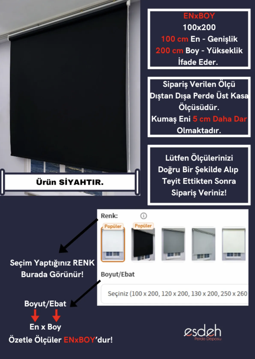 Düz Stor Perde - Siyah - Kalın Mat Kumaş (KETEN) - Alüminyum Kasa Ve Boru